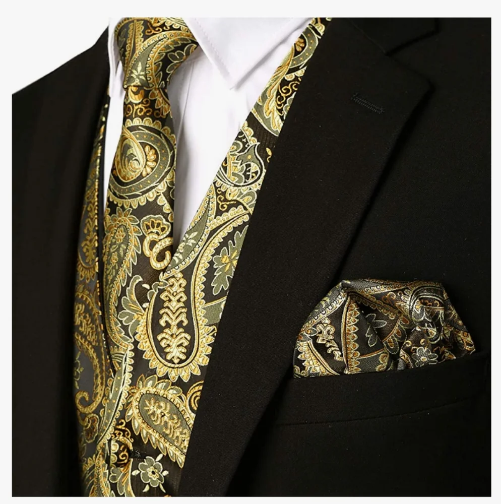 Zeroyaa Classic 3 Pc Black/Gold Vest Set With Tie & Pocket Square Size XXL NWT - Picture 3 of 11